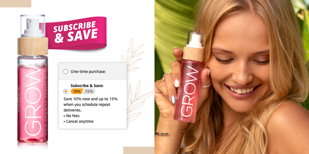 COCOSOLIS GROW Hair Growth Serum Spray showcased with 'Subscribe & Save' offer, promoting up to 15% savings on repeat deliveries. Model with long blonde hair smiles while holding the product, highlighting its beauty and lifestyle appeal.