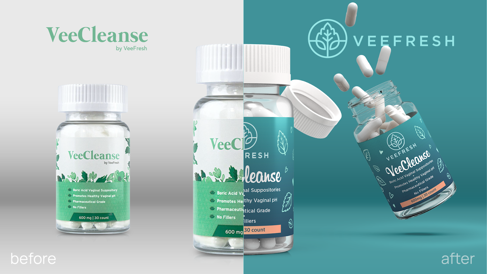 This before-and-after visual showcases VeeFresh's striking packaging transformation, evolving from a clinical look to a bold, modern design that reflects its premium positioning and lifestyle appeal