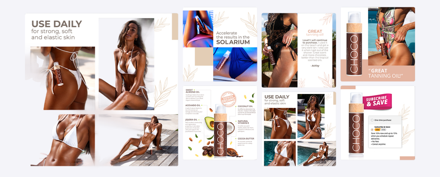 COCOSOLIS Choco tanning oil lifestyle collage featuring models in swimwear, product close-ups, ingredient highlights, customer review, and Subscribe & Save offer — cohesive palm-leaf design theme and premium photography.
