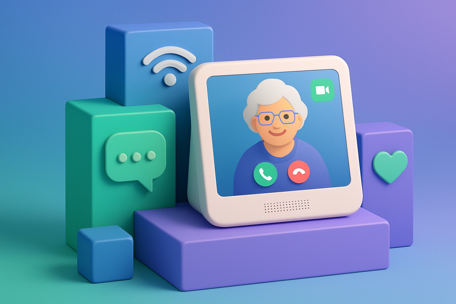 Visual showing a product that tackles the loneliness epidemic, like a smart device designed for senior citizens to connect with family.